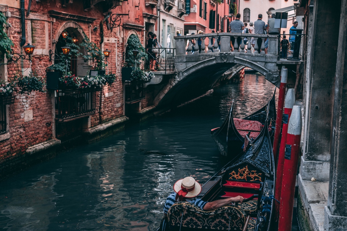 Gondola ride for couples in Venice. Romance in Italy.