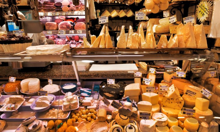 Emilia Romagna meats and cheeses. Italian meat and cheese market.